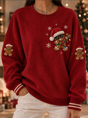 Women's Fun gingerbread man print Ribbed Round-Neck Sweatshirt