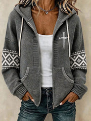 Women's Christian Art Cross Pattern Cozy Knit Hooded Cardigan