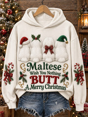 Women's Maltese Wish You Nothing Butt A Merry Christmas Print Cozy Hoodie