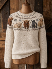 Women's Vintage Highland Cows Yoke Isle Print crew neck sweater