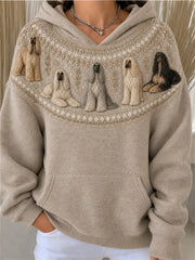 Women's Vintage Afghan Hound Dogs Yoke Isle Pattern Print Cozy Hoodie