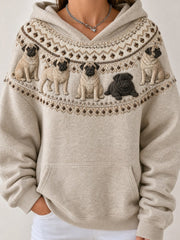 Women's Vintage Pug Dogs Yoke Isle Pattern Print Cozy Hoodie