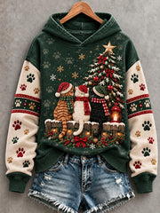 Women's Vintage Christmas Tree Cute Cats Art  Regular Hoodie