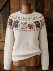 Women's Vintage Highland Cows Yoke Isle Print crew neck sweater