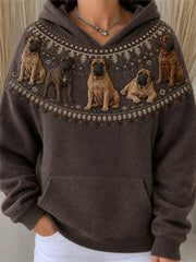 Women's Vintage Mastiff Dogs Yoke Isle Pattern Print Cozy Hoodie