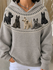 Women's Vintage Scottish Terrier Dogs Yoke Isle Pattern Print Cozy Hoodie