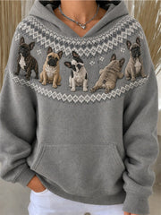 Women's Vintage French Bulldogs Yoke Isle Pattern Print Cozy Hoodie