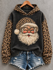 Women's Christmas Santa Claus Leopard Print Casual Hoodie