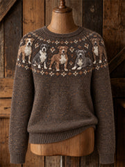 Women's Vintage Pit Bull Dogs Yoke Isle Pattern Print Cozy Crew neck Sweater