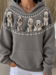 Women's Vintage Old English Sheepdogs Yoke Isle Pattern Print Cozy Hoodie