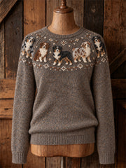 Women's Vintage Miniature American Shepherd Dogs Yoke Isle Pattern Print Cozy Crew neck Sweater