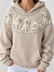 Women's Vintage Bichon Dogs Yoke Isle Pattern Print Cozy Hoodie