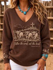Women's  Western Faith Lover Printed V-Neck Ribbed Top