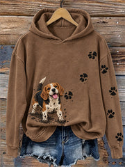 Women's Happy But Dirty Beagle Dog & Paw Prints Print Cozy Hoodie