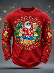 Men's Funny Christmas Ho Ho Hold My Beer Santa Claus Print Casual Waffle Long Sleeve T-Shirt