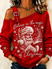 Women's Vintage Christmas Santa Claus Print Casual Off-Shoulder Sweatshirt