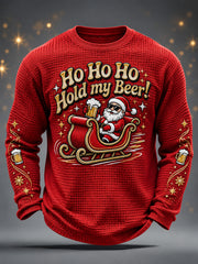 Men's Funny Christmas Ho Ho Hold My Beer Santa Claus Print Casual Waffle Long Sleeve T-Shirt