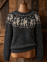 Women's Vintage Norwegian Elkhound Dogs Yoke Isle Print crew neck sweater
