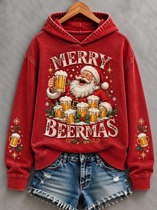 Women's Funny Christmas Merry Beermas Santa Claus Print Casual Hoodie