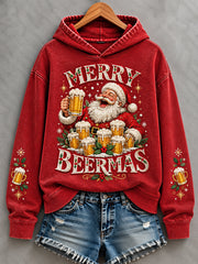 Women's Funny Christmas Merry Beermas Santa Claus Print Casual Hoodie