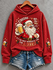 Women's Funny Christmas It‘s The Most Wonderful Time For A Beer! Santa Claus Print Casual Hoodie