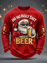 Men's Funny Christmas Ho Ho Hold My Beer Santa Claus Print Casual Waffle Long Sleeve T-Shirt