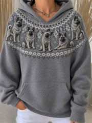 Women's Vintage Norwegian Elkhound Dogs Yoke Isle Pattern Print Cozy Hoodie