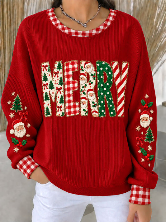 Women's Merry Christmas Ribbed Round-Neck Sweatshirt