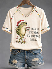 Women's First Of All Jesus Think's I'm A Christmas Blessing Print V-neck off-shoulder short-sleeved T-shirt