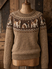Women's Vintage Basset Hound Dogs Yoke Isle Print crew neck sweater