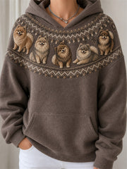 Women's Vintage Pomeranian Dogs Yoke Isle Pattern Print Cozy Hoodie