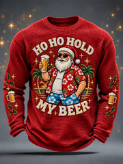 Men's Funny Christmas Ho Ho Hold My Beer Santa Claus Print Casual Waffle Long Sleeve T-Shirt