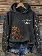 Women's Dachshund Mom Christmas Lights & Naughty Dog Print Cozy Hoodie