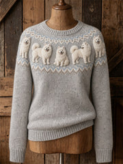 Women's Vintage Samoyed Dogs Yoke Isle Print crew neck sweater