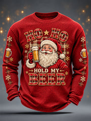 Men's Funny Christmas Ho Ho Hold My Beer Santa Claus Print Casual Waffle Long Sleeve T-Shirt