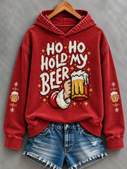 Women's Funny Christmas Ho Ho Hold My Beer Santa Claus Print Casual Hoodie