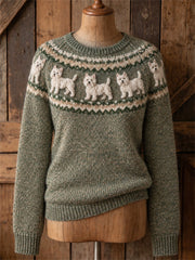 Women's Vintage West Highland White Terrier Dogs Yoke Isle Print crew neck sweater