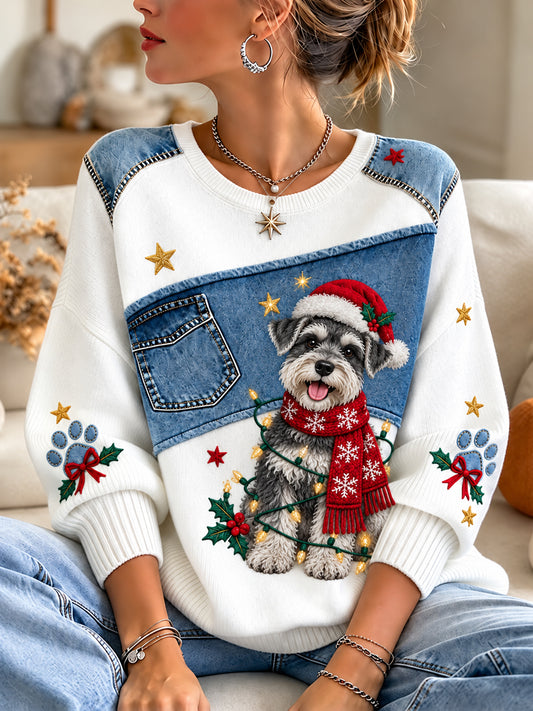 Women's Christmas  Schnauzer Print Casual Sweater