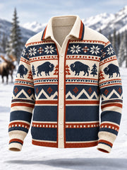 Men's Winter Buffalo Geometric Totem Print Casual Cardigan