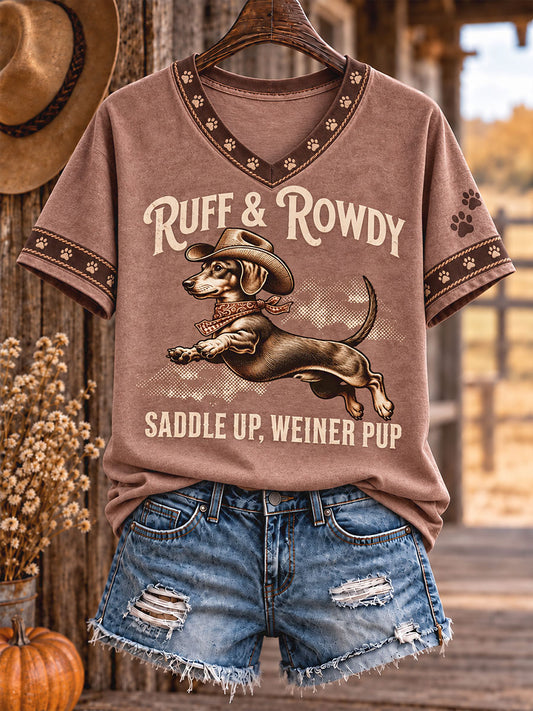 Women's Retro Westren Style Dogs Lover Art Printed T-shirt
