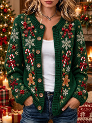 Women's Vintage Christmas Pattern Print Crew Neck Cardigan