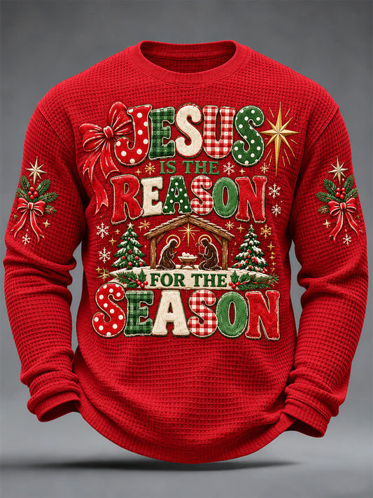Men's Jesus Is The Reason For The Season Print Waffle Long Sleeve Top