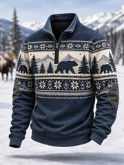 Men's Winter Bear Print Casual Zipper Corduroy Pullover