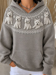Women's Vintage West Highland White Terrier Dogs Yoke Isle Pattern Print Cozy Hoodie