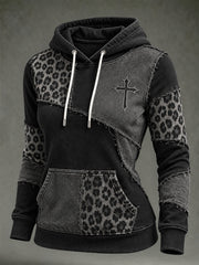 Women's Vintage Leopard Print Element Block Patchwork Design Print Casual Hoodie