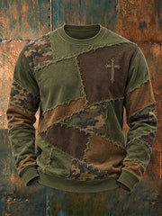 Men's Camouflage Element Color Block Patchwork Design Casual Crew Neck Sweatshirt