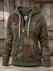Women's Camouflage Element Color Block Patchwork Design Casual Zip-Up Hoodie