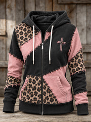 Women's Vintage Leopard Print Element Block Patchwork Design Print Casual  Zip-Up Hoodie
