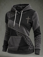 Women's Vintage Leopard Print Element Block Patchwork Design Print Casual Hoodie