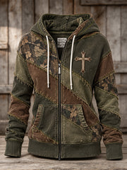 Women's Camouflage Element Color Block Patchwork Design Casual  Zip-Up Hoodie